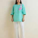 Fast Wear Turquoise Floral Embroidered High-Low Linen-Blend Kurti
