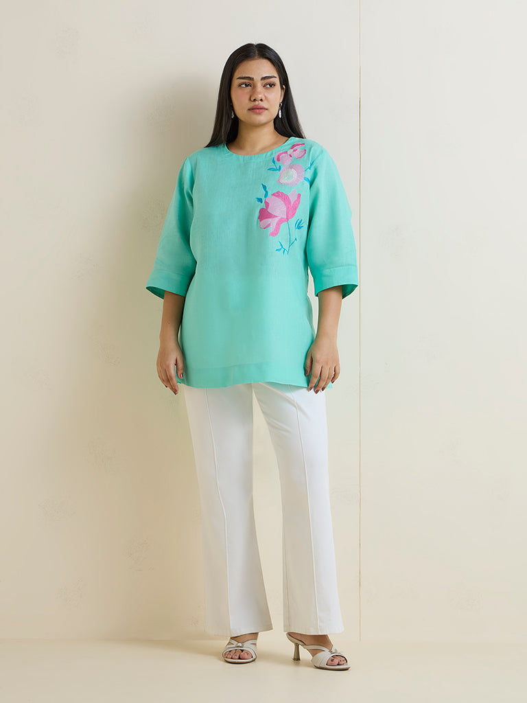 Fast Wear Turquoise Floral Embroidered High-Low Linen-Blend Kurti