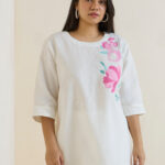 Fast Wear White Floral Embroidered High-Low Linen-Blend Kurti