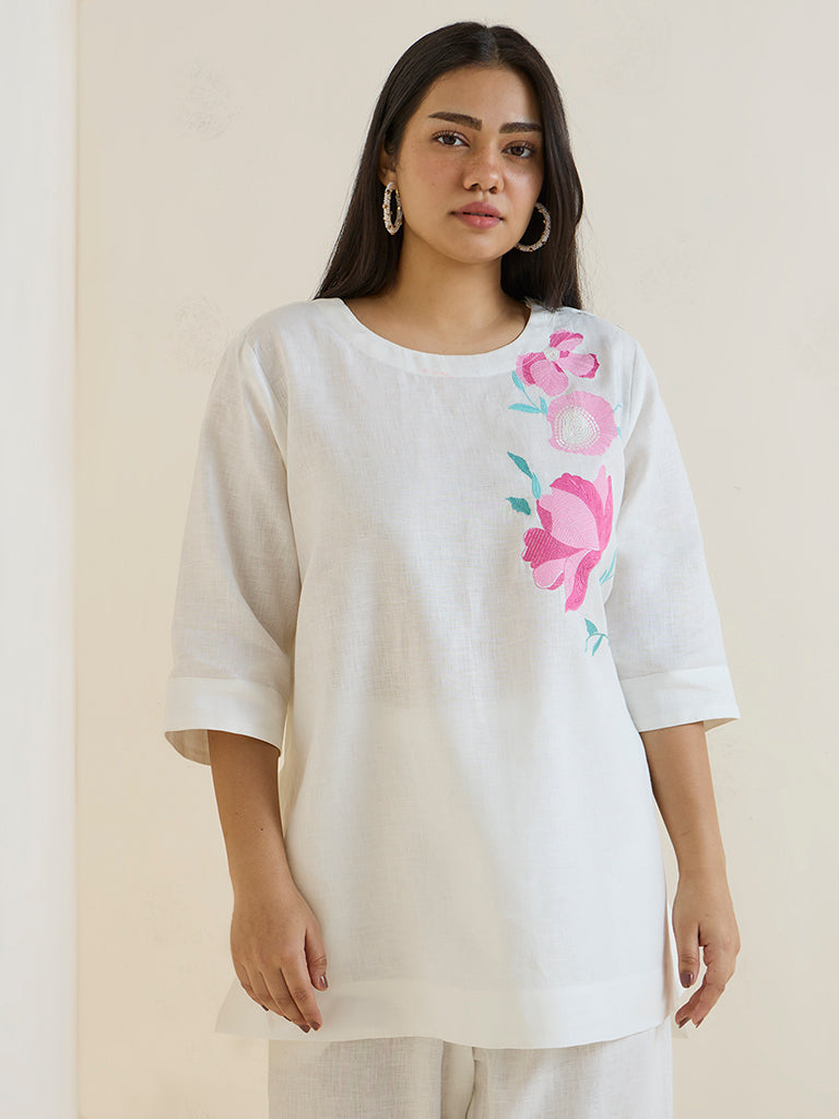 Fast Wear White Floral Embroidered High-Low Linen-Blend Kurti