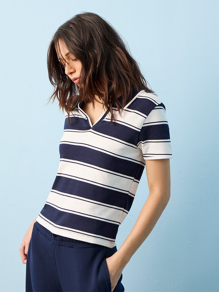 Fast Wear Navy Stripe Cotton-Blend T-Shirt
