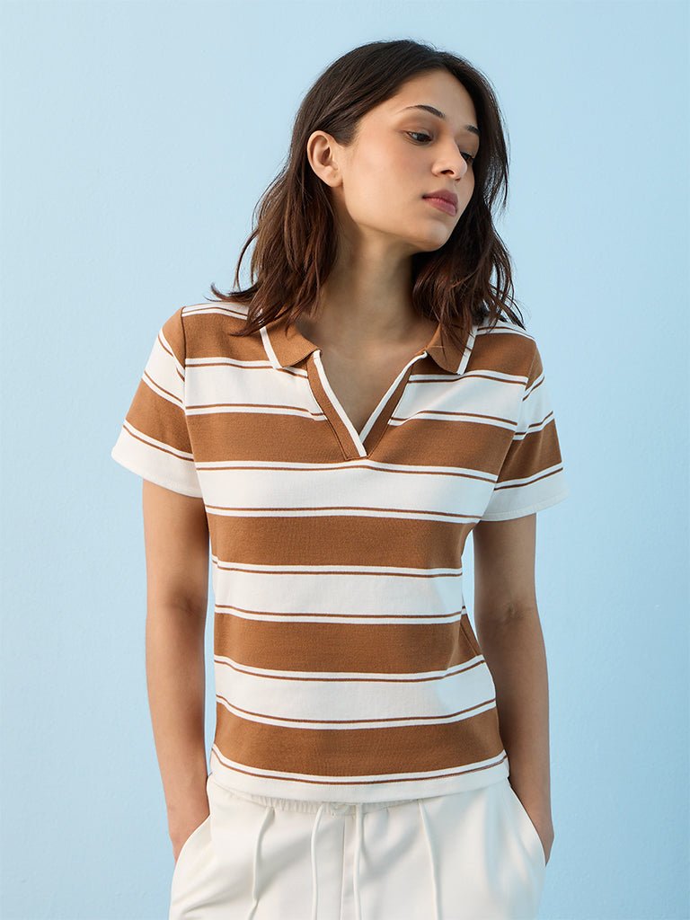 Fast Wear Light Brown Stripe Cotton T-Shirt
