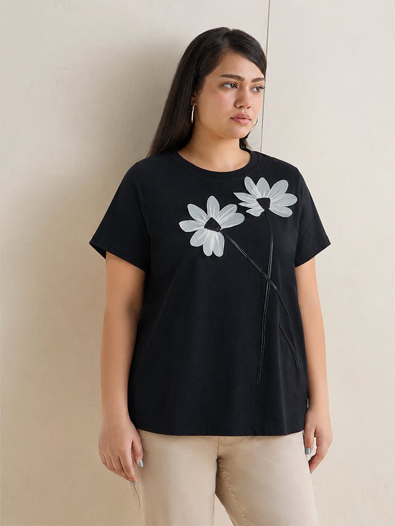 Fast Wear Black Floral Embroidered Cotton T-Shirt