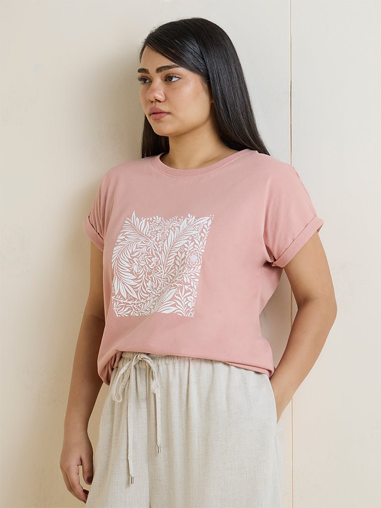 Fast Wear Dusty Pink Botanical Print Cotton T-Shirt