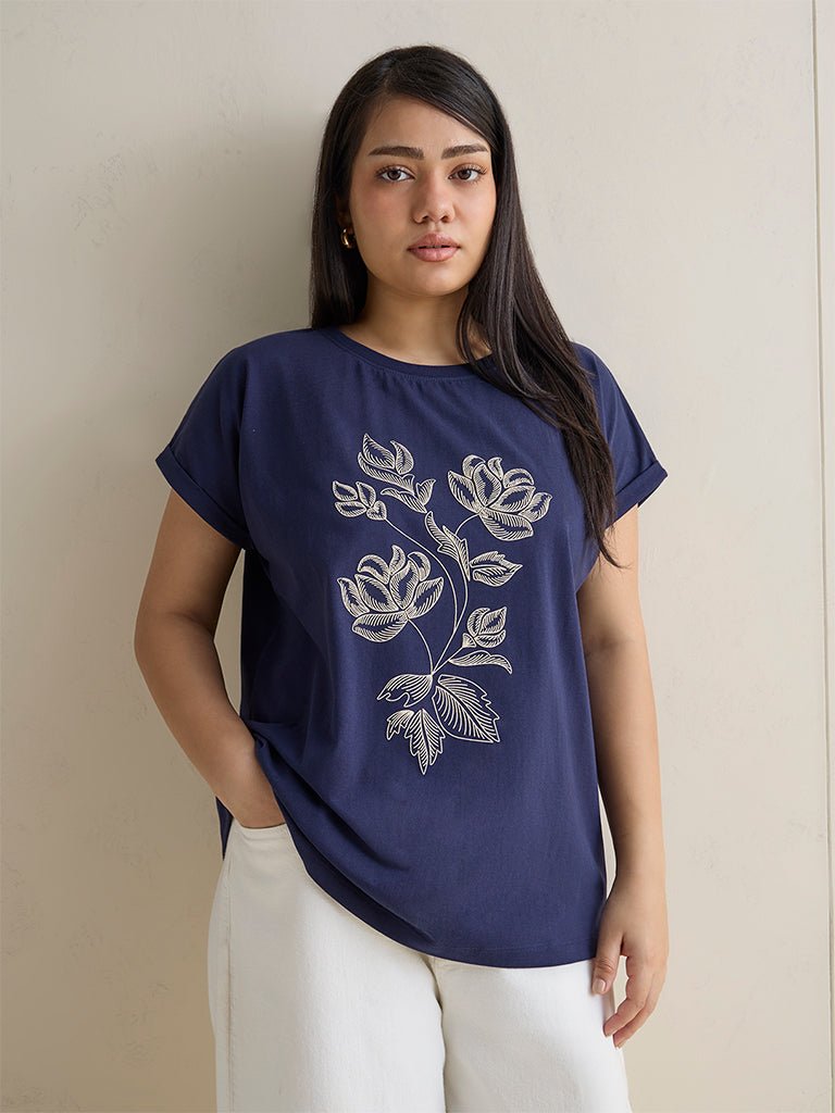 Fast Wear Navy Floral Printed Cotton T-Shirt