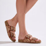 Fast Wear Tan Embellished Slip-On Sandals