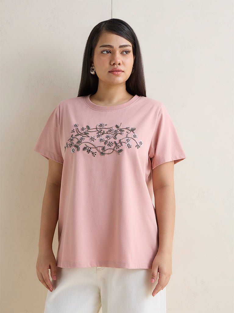 Fast Wear Dusty Pink Floral Embellished Cotton T-Shirt
