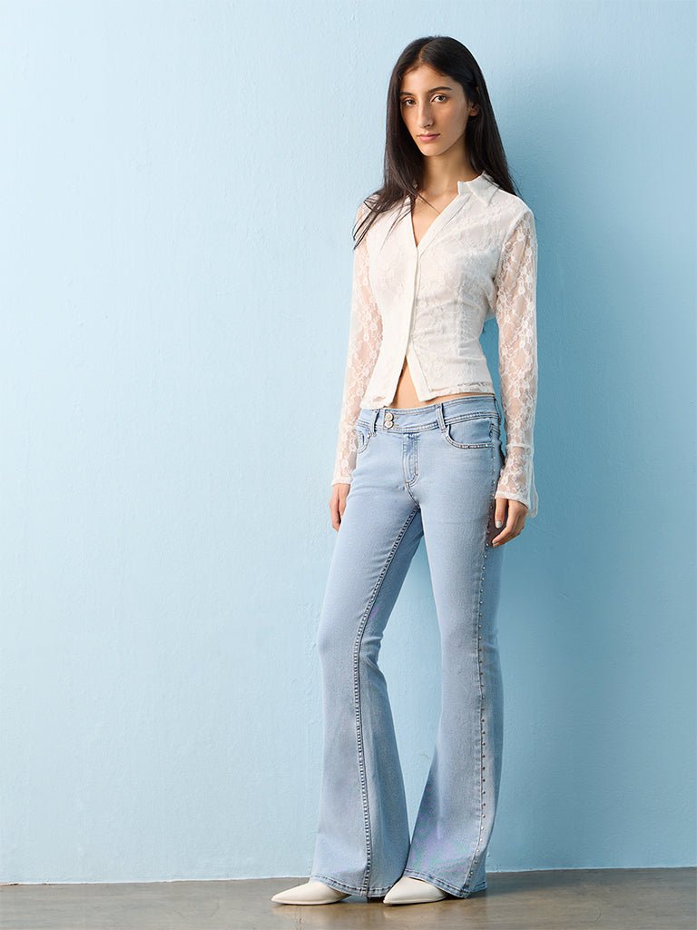 Fast Wear Light Blue Stud-Detailed High-Rise Flared Jeans