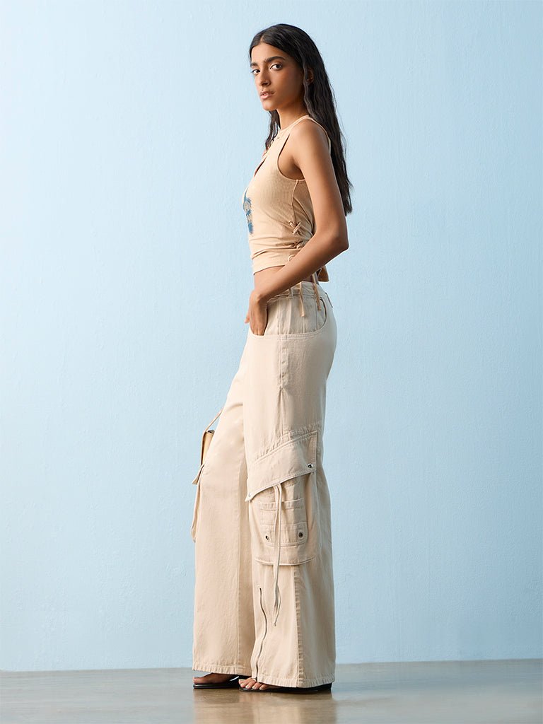 Fast Wear Light Beige High-Rise Cargo Jeans