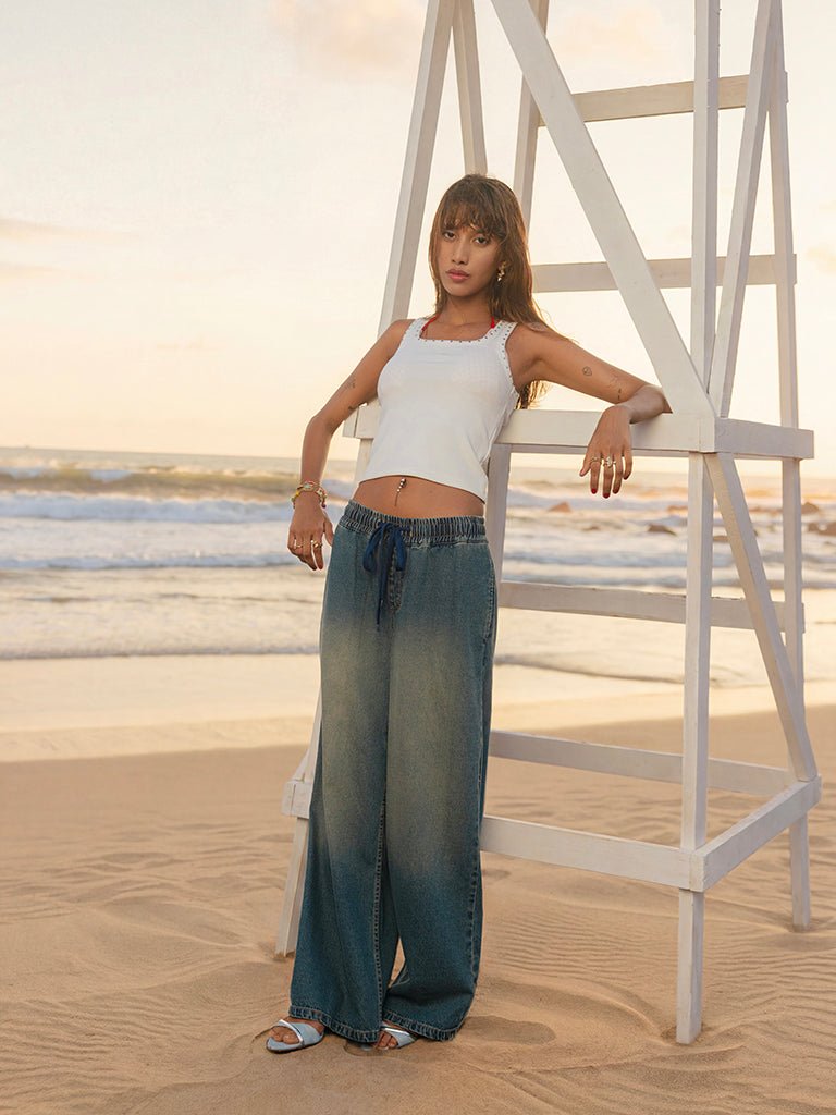 Fast Wear Blue Washed High-Rise Wide-Leg Jeans