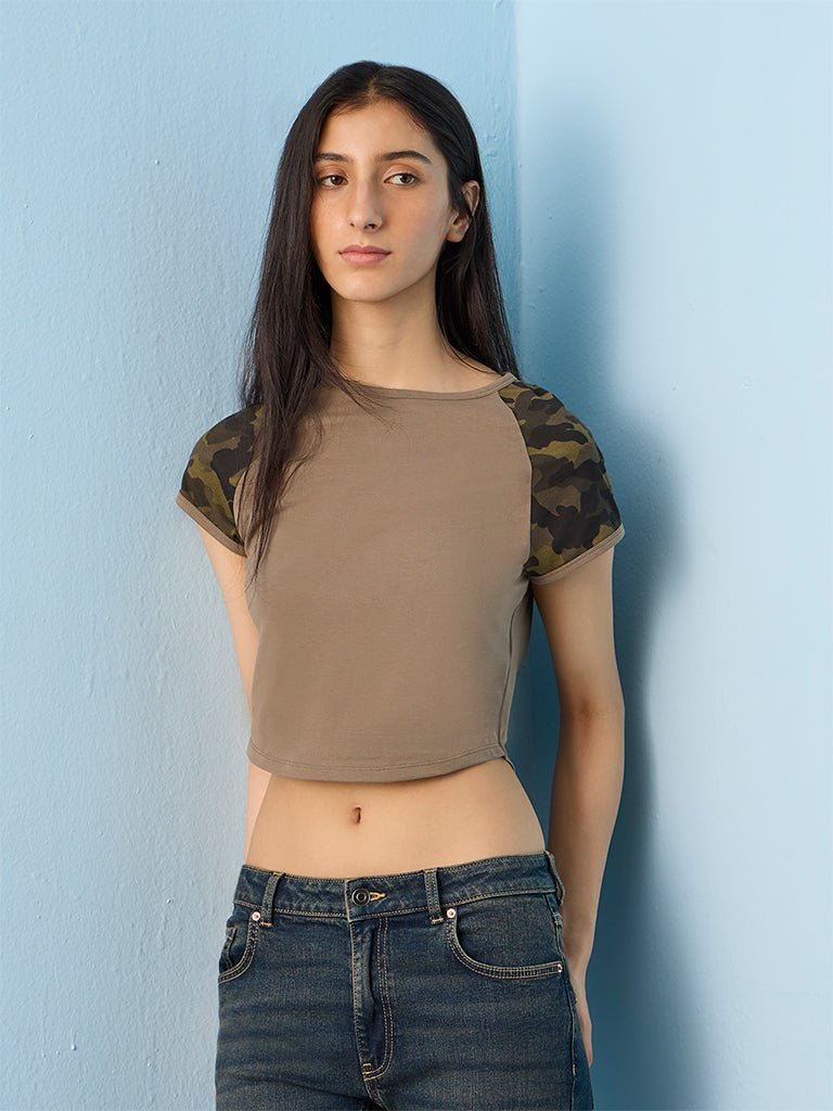 Fast Wear Light Olive Camouflage Printed Cotton-Blend T-Shirt