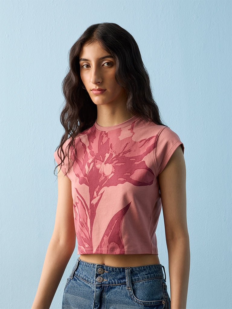 Fast Wear Dusty Pink Floral Pattern Cotton-Blend T-Shirt