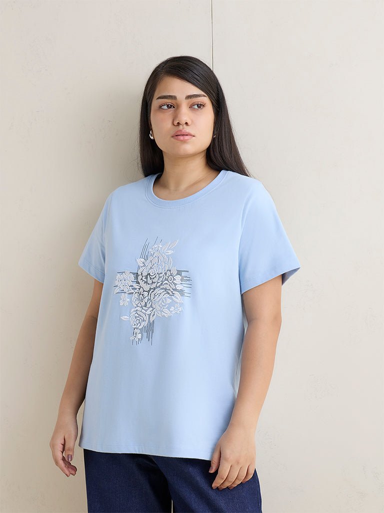 Fast Wear Blue Floral Design Cotton T-Shirt