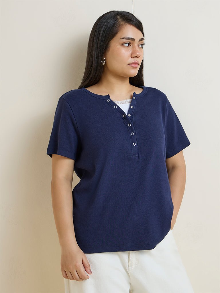 Fast Wear Navy Cotton-Blend Henley T-Shirt