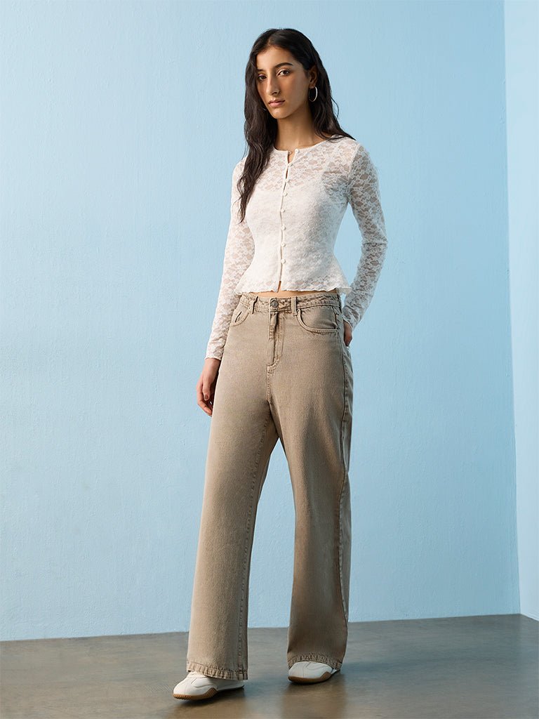 Fast Wear Taupe Lace Detail High-Rise Jeans