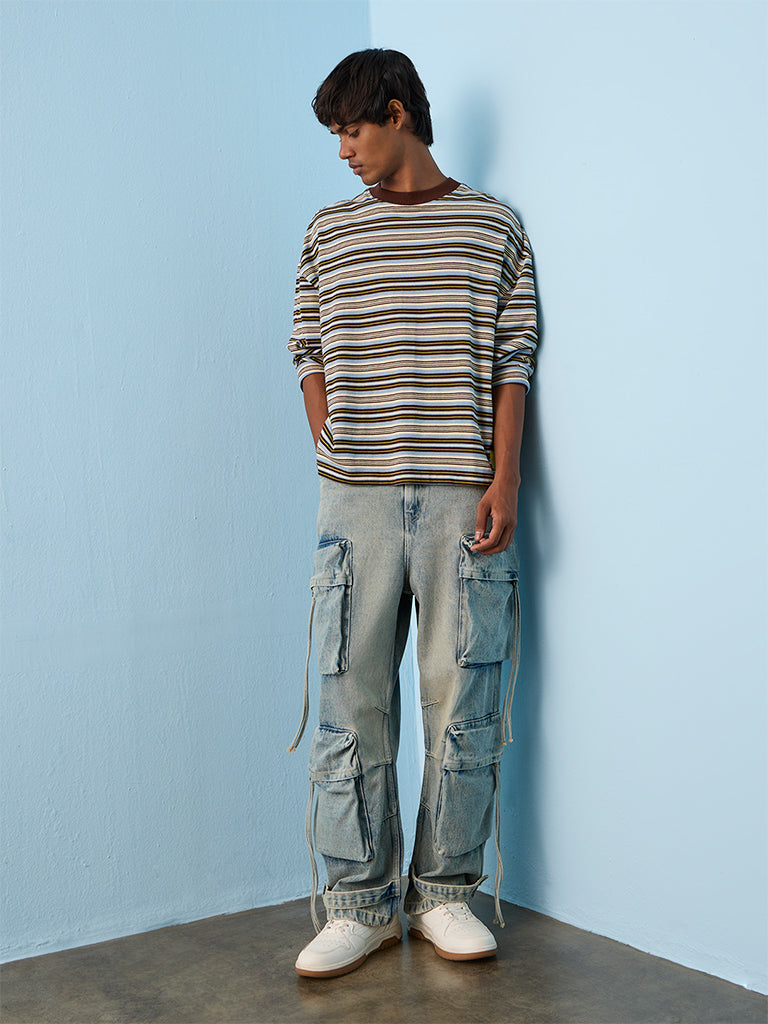 Fast Wear Blue Washed Relaxed-Fit Mid-Rise Cargo Jeans