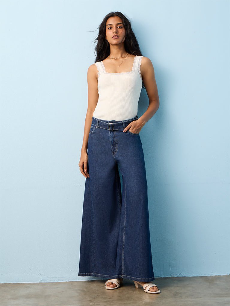 Fast Wear Dark Blue Wide-Leg High-Rise Jeans with Belt