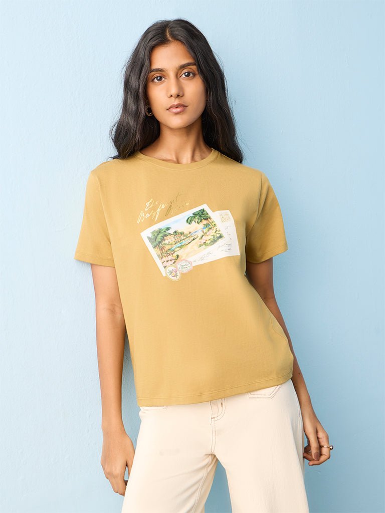 Fast Wear Khaki Graphic Printed Cotton T-Shirt