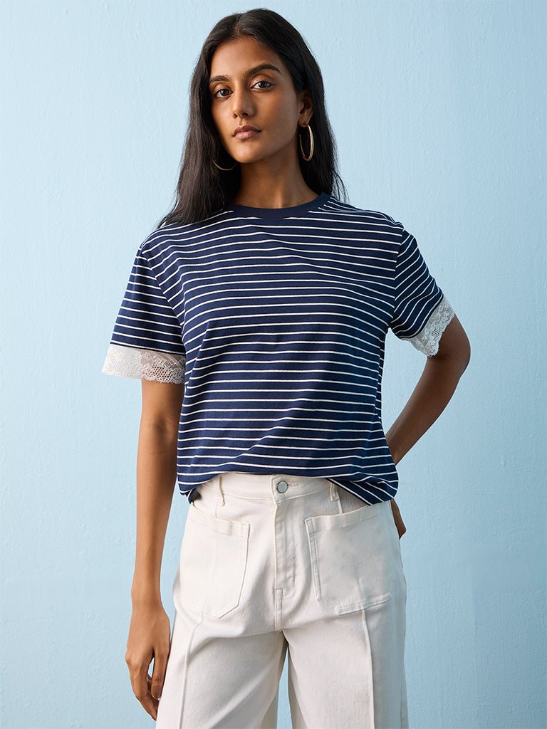 Fast Wear Navy Striped Cotton-Blend T-Shirt