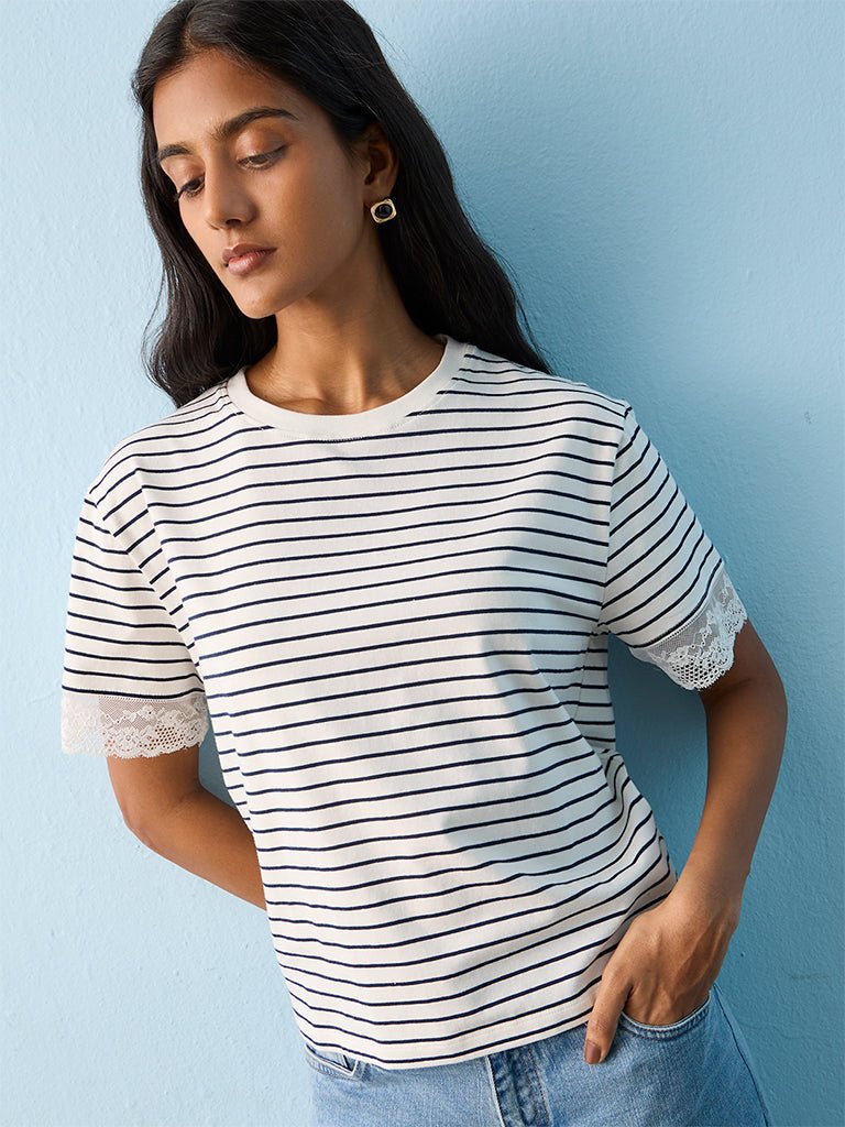 Fast Wear White Striped Cotton-Blend T-Shirt
