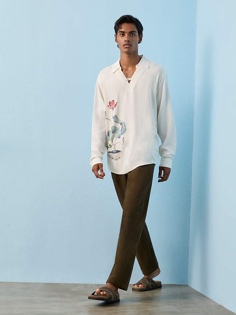 Fast Wear Dark Olive Self-Striped Relaxed-Fit Mid-Rise Cotton Pants