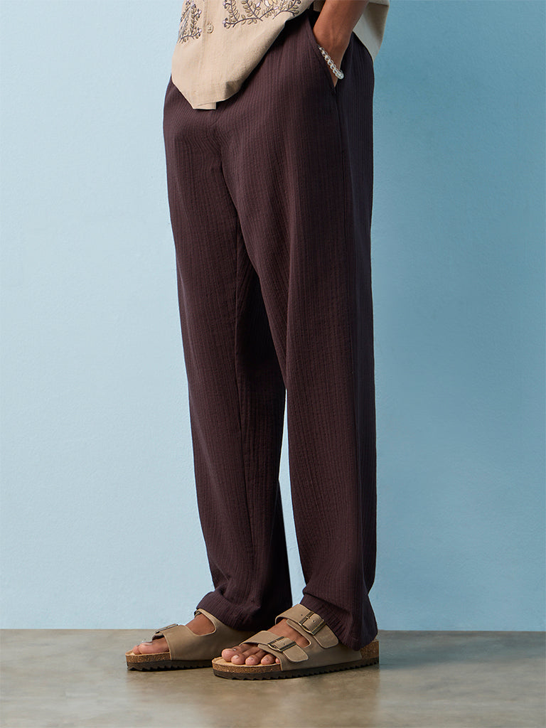 Fast Wear Dark Purple Self-Striped Relaxed-Fit Mid-Rise Cotton Pants