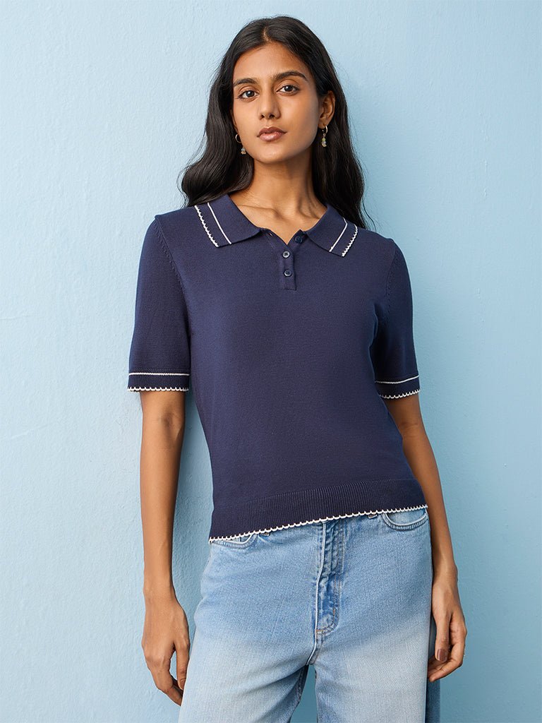 Fast Wear Navy Contrast Detailed T-Shirt
