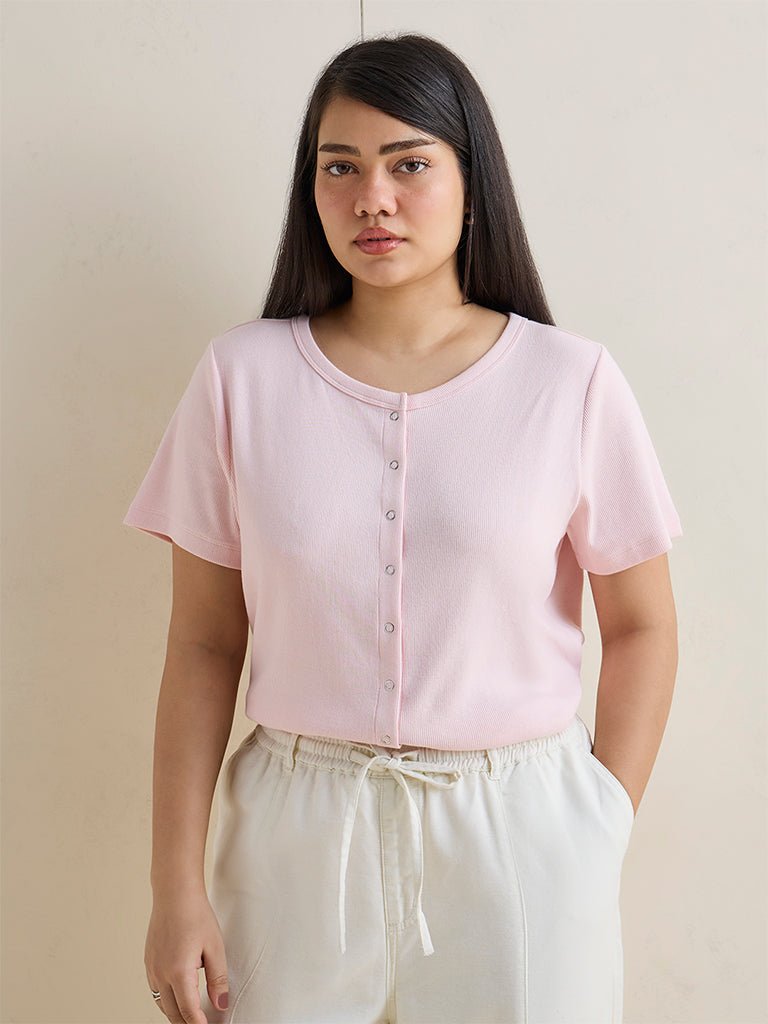 Fast Wear Light Pink Ribbed-Textured Cotton-Blend T-Shirt