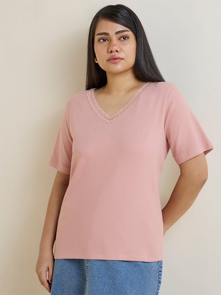 Fast Wear Dusty Pink Knitted Cotton-Blend T-Shirt