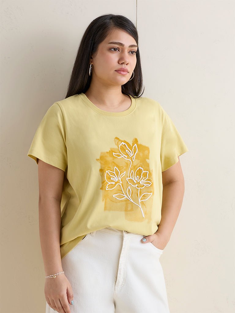 Fast Wear Yellow Floral Printed Cotton T-Shirt