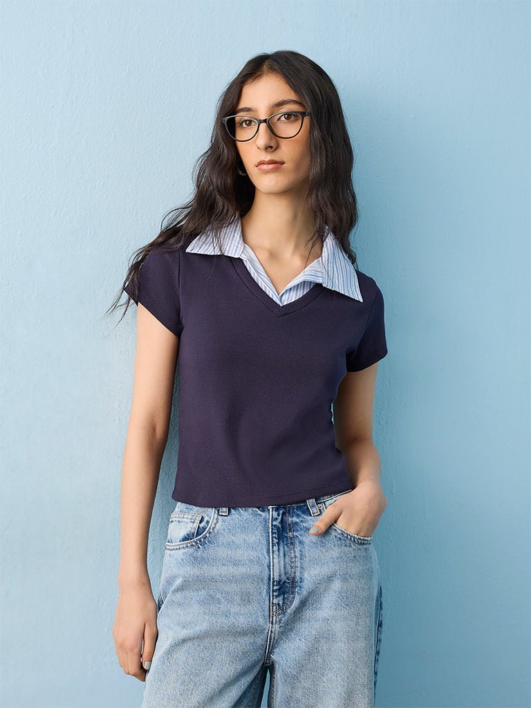 Fast Wear Navy Solid Cotton T-Shirt
