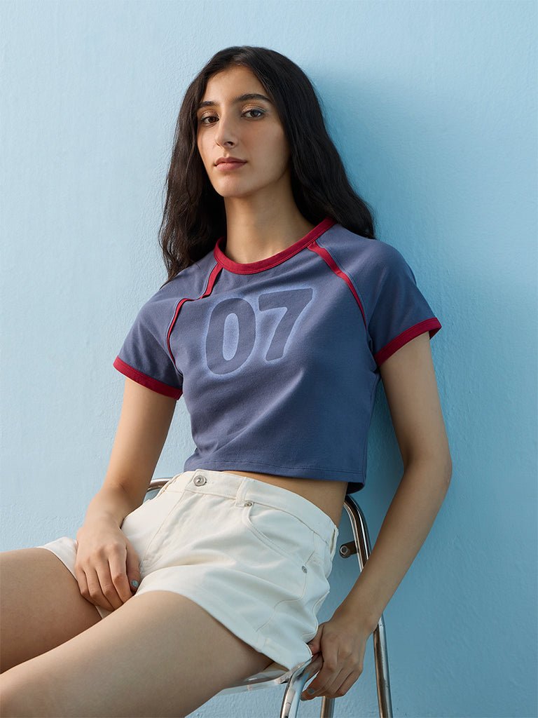 Fast Wear Navy Numerical Printed Cotton-Blend T-Shirt