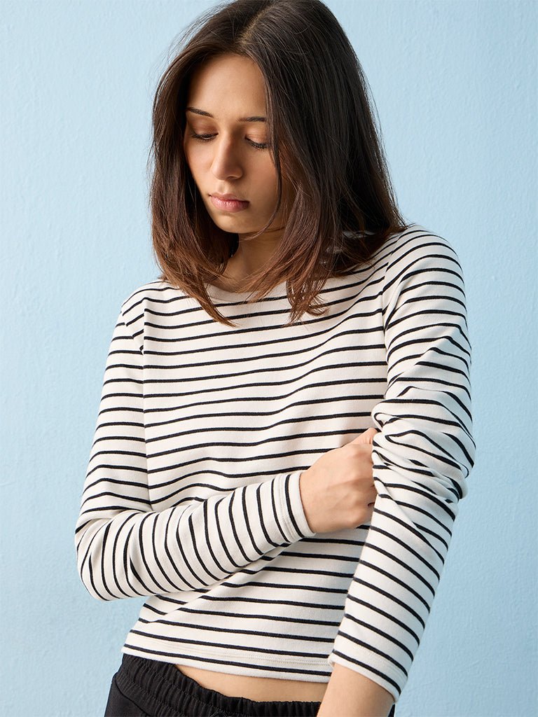 Fast Wear White Striped Cotton-Blend T-Shirt