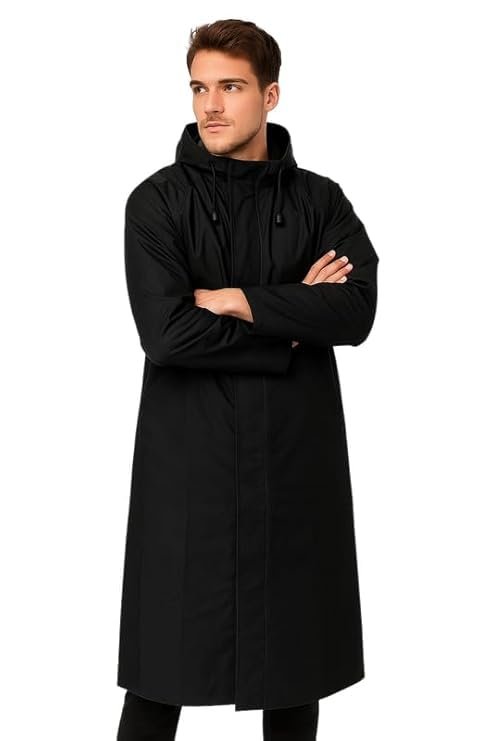 Men's Full Length Hooded Waterproof Raincoat Long Rain Overcoat