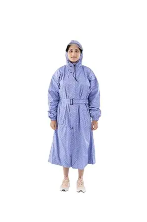 Women's Sky Blue Hooded Waterproof Raincoat with Belted Long Design