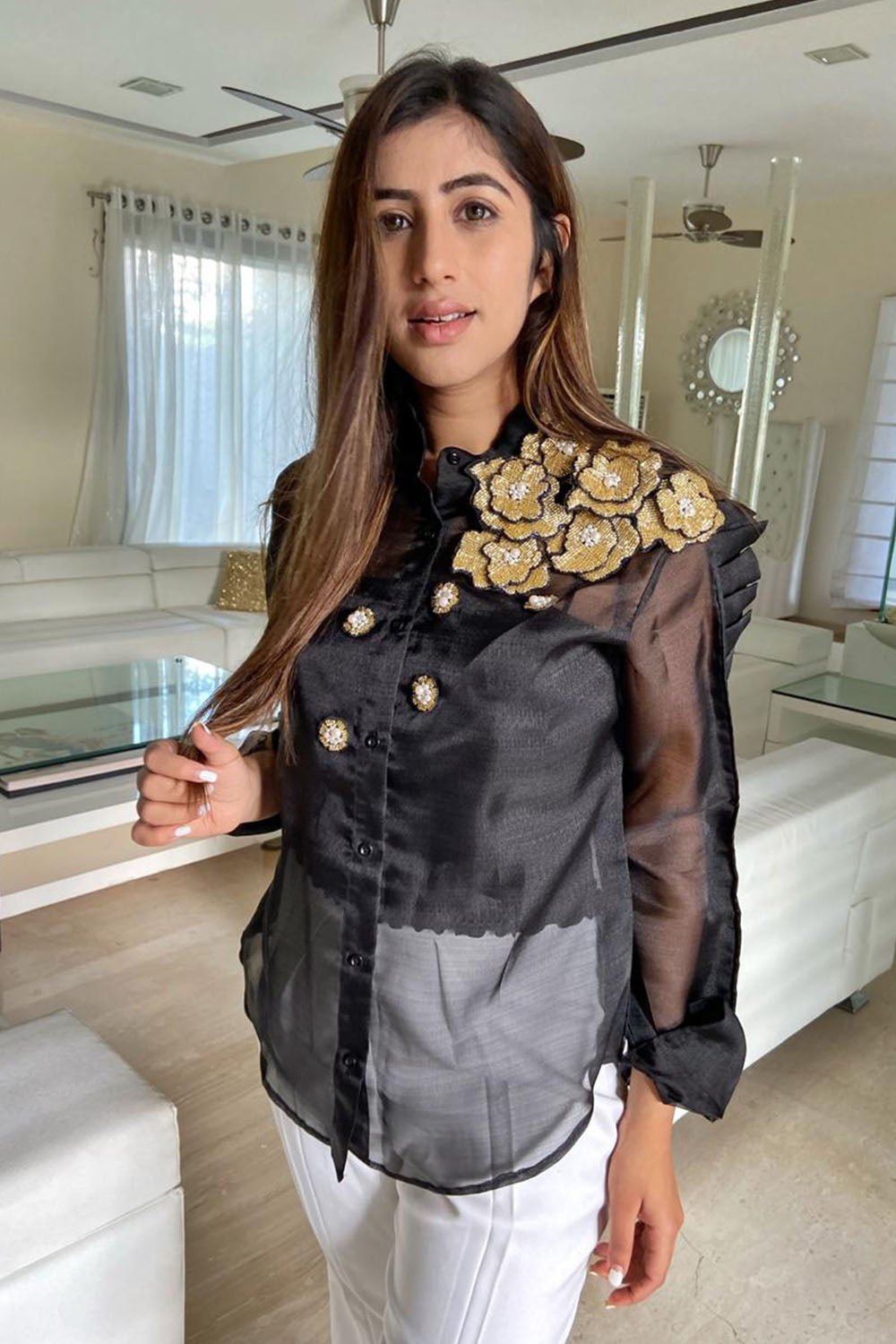 Black Organza 3D Flower Shirt