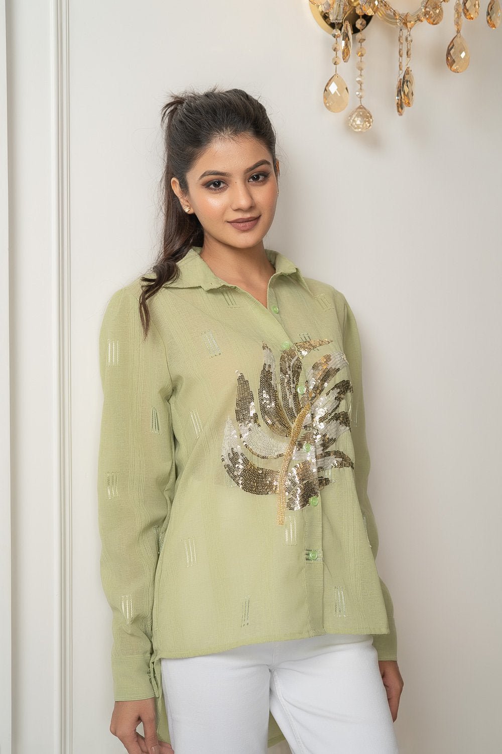 Green Textured High Low Shirt