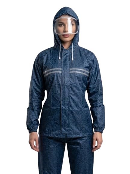 Navy Blue Waterproof Rain Suit with Hood Jacket and Pants Set for Adults