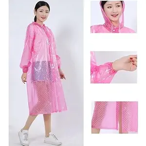 Women's Pink PVC Transparent Hooded Raincoat Lightweight Water Resistant Rainwear