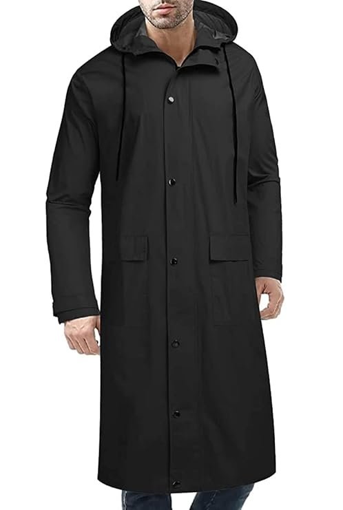 Long Hooded Black Rainwear for Men with Convenient Storage Bag