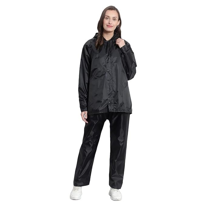Women's Black Polyester Waterproof Raincoat with Cap and Full Sleeves