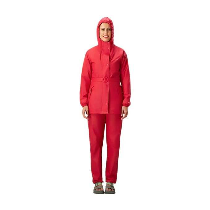 Women's Red Waterproof Raincoat with Adjustable Hood and Front Zip Closure