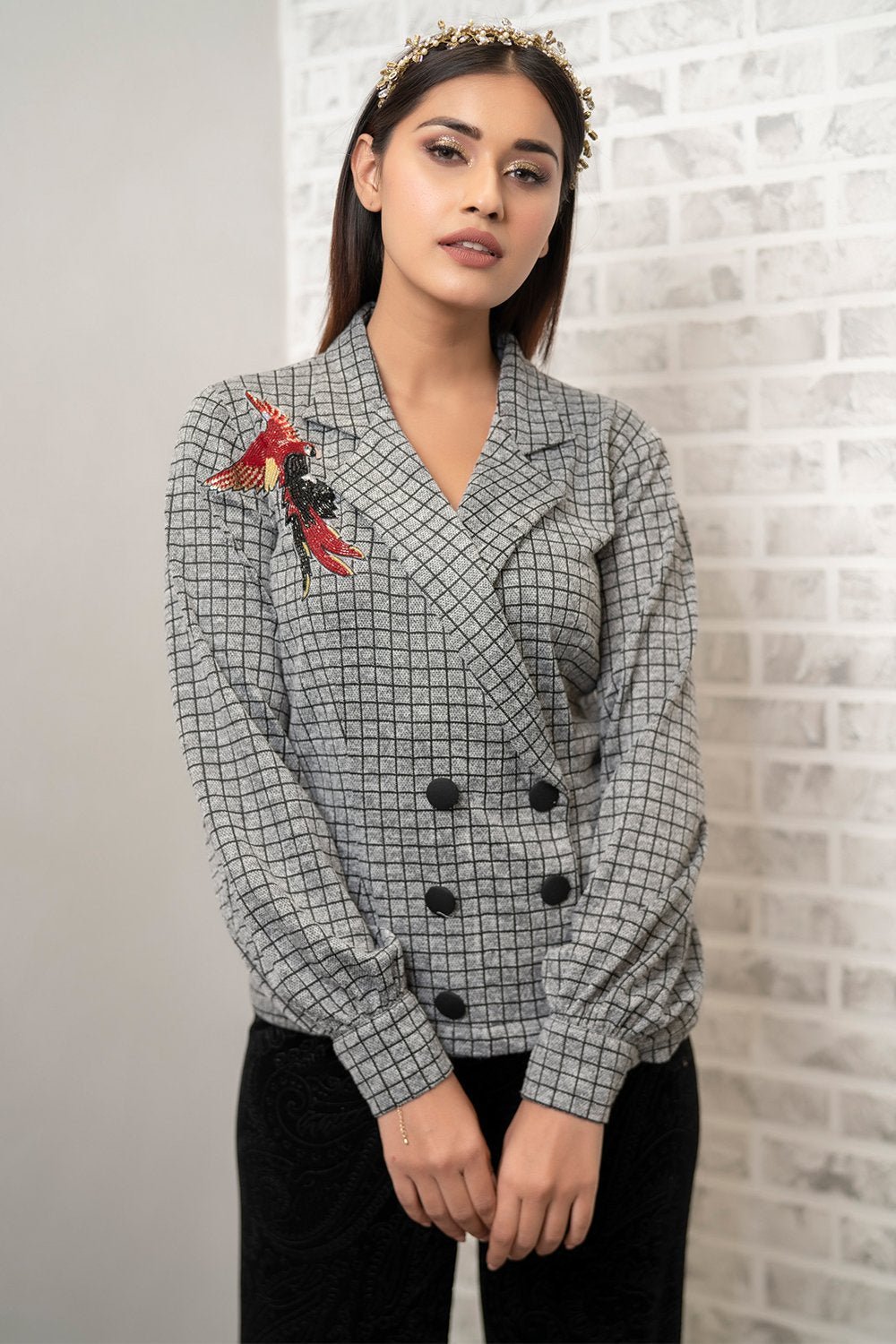 Solid Blazer Collar Embellished Shirt