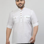 Plus Size Mandarin Collar Roll Up Sleeves Pure Cotton Casual Shirt