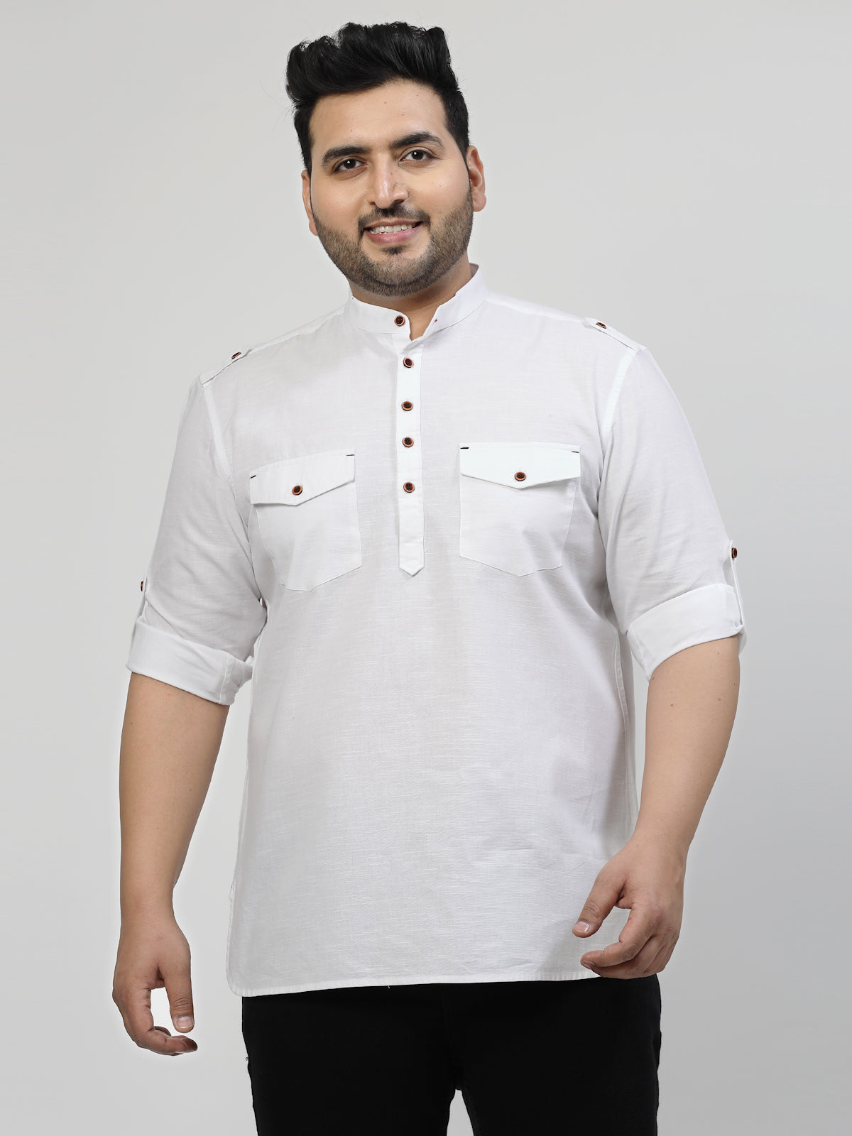 Plus Size Mandarin Collar Roll Up Sleeves Pure Cotton Casual Shirt