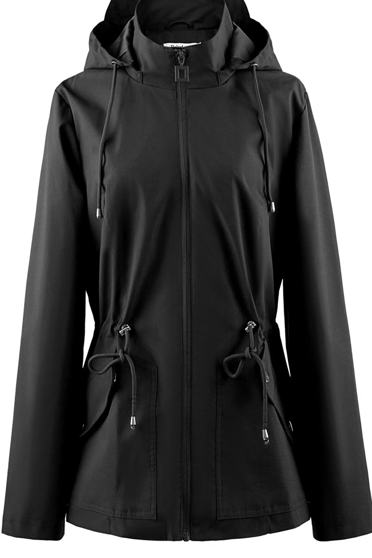Women's Black Waterproof Windbreaker Raincoat with Hood Outdoor Protection