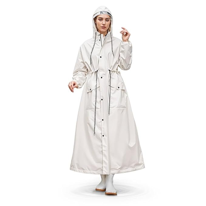 Women's White EVA Hooded Raincoat with Wide Brim Hood and Clear Face Shield