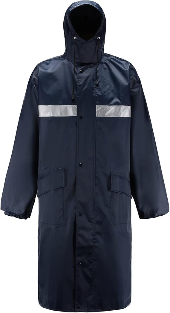 Men's Long Blue Waterproof Raincoat with Hood for Snow and Rain Protection