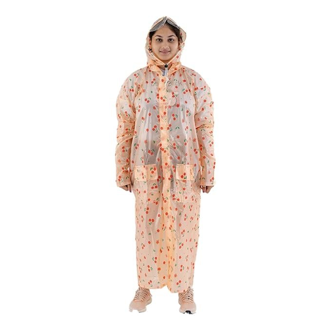 Women's Cherry Print Hooded Raincoat Stylish Full Length Waterproof Protection