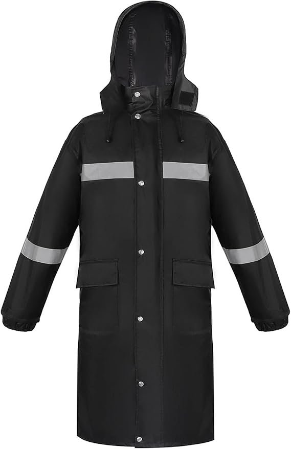 Men's Long Black Waterproof Raincoat with Hood for Extreme Weather Protection